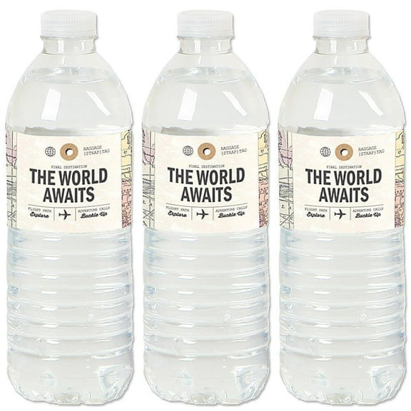 Big Dot of Happiness World Awaits - Travel Themed Party Water Bottle Sticker Labels - Set of 20