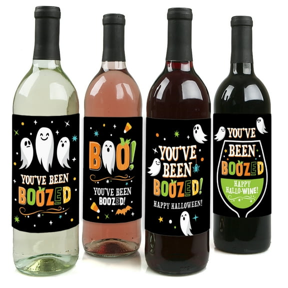 Big Dot of Happiness You've Been Boozed - Ghost Halloween Party Decorations for Women and Men - Wine Bottle Label Stickers - Set of 4