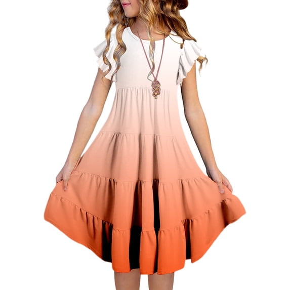 Big Dresses For Girls Round Neck Ruffle Sleeve Layered A Line Casual Gradient Princess Dress For Girls Size 14-15T