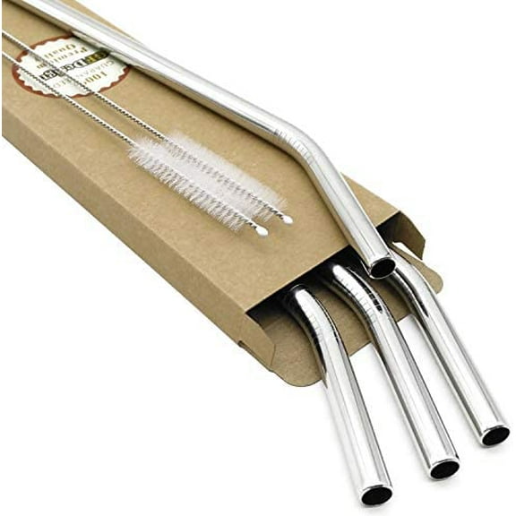 Big Drinking Straws Reusable 12 Inches Extra Long 9mm Extra Wide SUS 304 Food-Grade 18/8 Stainless Steel - Set of 4 with 2 Cleaning Brushes - Bent$$Home Decor, Kitchen, & Other
