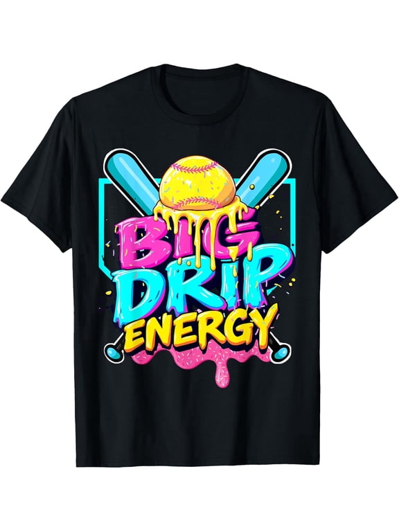 Big Drip Energy Baseball Softball Graphic Tee Vibrant Neon Dripping Paint Design Unisex Adult Sports Fan Gift Cotton Men's Women's Tee Shirt