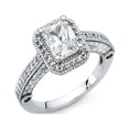 thumbnail image 1 of Big Emerald CZ Halo Engagement Ring 14k White Gold Anniversary Vintage Style CZ Band Side Stone Size 5, 1 of 1