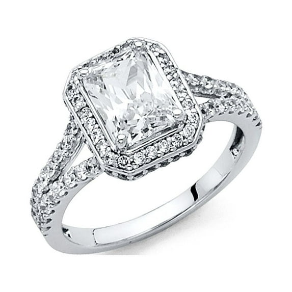 Big Emerald CZ Halo Engagement Ring 14k White Gold Anniversary Vintage Style Ring Bridal Band, Size 6