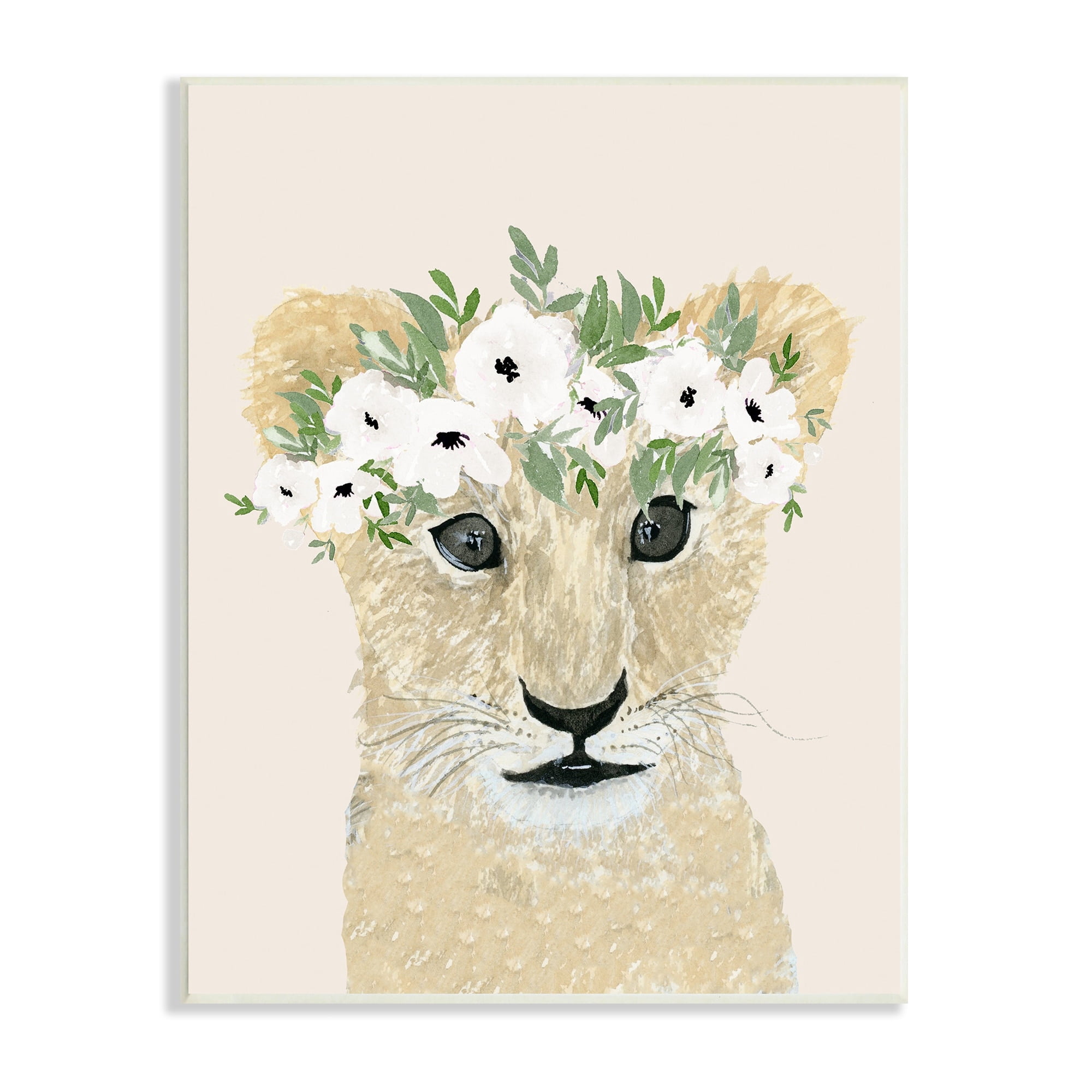 Big Eye Baby Lion Floral Crown Children's Safari 10 in x 15 in Framed Painting Art Print, by Stupell Home Décor