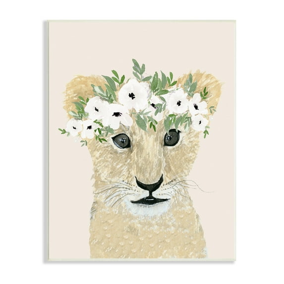 Big Eye Baby Lion Floral Crown Children's Safari 13 in x 19 in Framed Painting Art Print, by Stupell Home Décor
