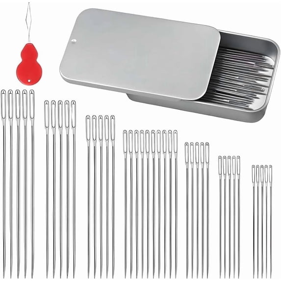 Large-hole Steel Sewing Needles Kit, 2026 Upgraded Stainless Steel Needles Set for Hand Sewing, 7 Size Leather Embroidery Needle with Threader for Repair Quilting (40set)Q