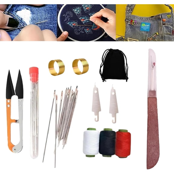 Big Eye Steel Sewing Needles Kit, Hosenwelt Sewing, Hosen 37PCS Sewing Tool Set, Thread Hand Repair Tools,Include 25 Steel Needles 1 Seam Sewing Thread Ripper 2 Needles Threaders 6 Threads (1set)