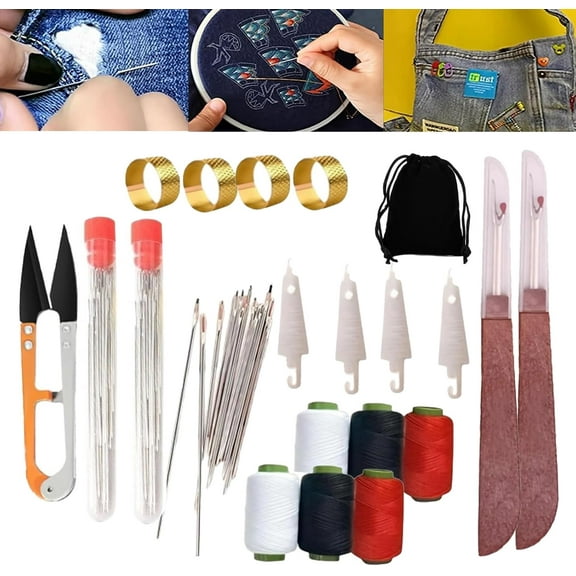 Big Eye Steel Sewing Needles Kit, Hosenwelt Sewing, Hosen 37PCS Sewing Tool Set, Thread Hand Repair Tools,Include 25 Steel Needles 1 Seam Sewing Thread Ripper 2 Needles Threaders 6 Threads (1set)