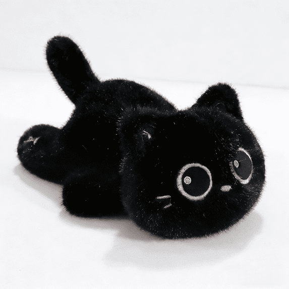 Big Eyed Black Plush Cat Stuffed Animal Doll - Cute Cuddle Kitten Pillow Toy Soft Plush Doll Gift