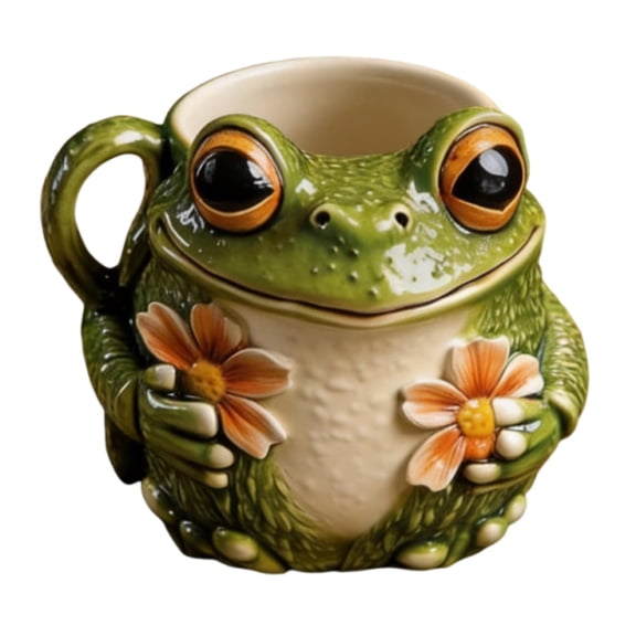 Big-Eyed Frog Flower Mug, Cute Ceramic Coffee Cup, Hand-Painted Animal Design Mug, Whimsical Tea Cup for Home and Office, Creative Gift for Frog Lovers