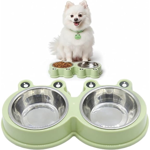 Big Eyes Frogs Shaped Pet Bowl - Food and Water Dish for Small Dogs and Cats, Easy to Clean with Seperate Plates, Cute Design, Double Bowls (Green)