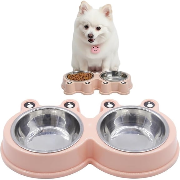 Big Eyes Frogs Shaped Pet Bowl - Food and Water Dish for Small Dogs and Cats, Easy to Clean with Seperate Plates, Cute Design, Double Bowls (Pink)