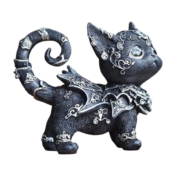 Big Eyes Proud Black Cat Resin Figurine With Silver Decor