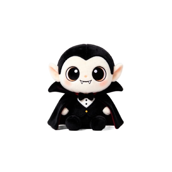 Big Eyes Vampire Count Plush 9.8 Inches, Fluffy Blush Cheek Stuffed Doll with Red Lined Cloak, Halloween Decor Indoor Table Ornament for Festival Party Supplies