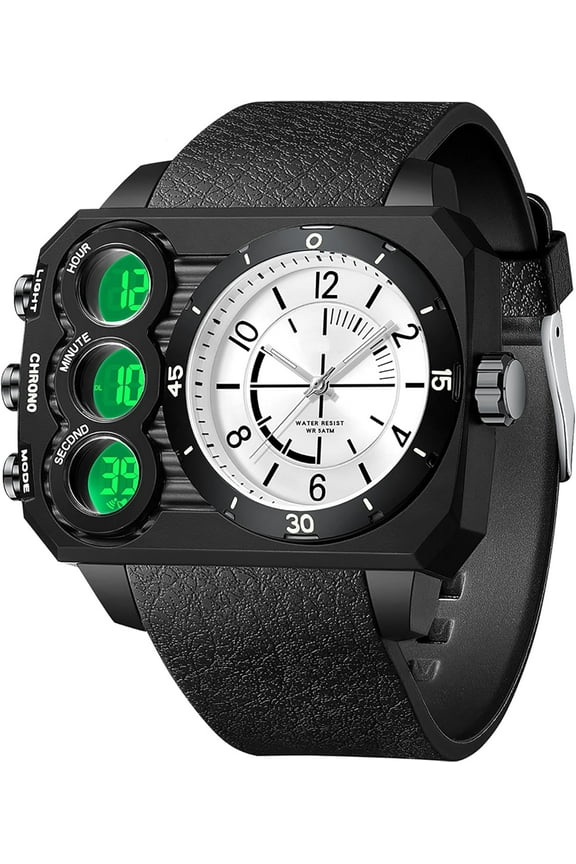 Big Face Watch for Men Square Large Face Cool Mens Watches with Three Time Zone Countdown Alarm LED