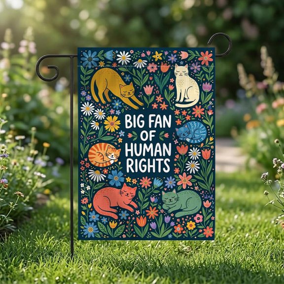 Big Fan of Human Rights Cat Garden Flag, Colorful Floral Cat Yard Flag, Progressive Outdoor Decor, Cat Lover Gift, Feminist Garden Banner