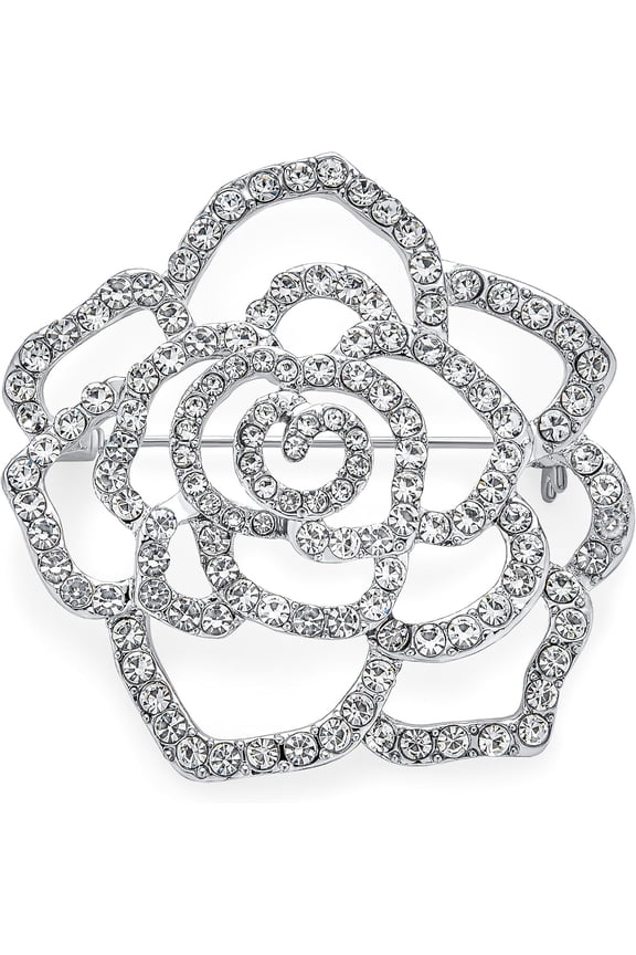 Big Fashion Statement Sparkling Party Rose Flower Shape Open Pave Crystal Wedding Brooch Scarf Pin For Women Silver Tone Rhodium Plated