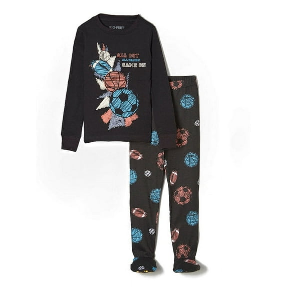 Big Feet PJs 2 Piece Footed Pajamas with Sports Balls in Black "All Out - Game On"