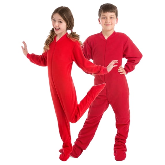 Big Feet Pajama Co. Footed Pajamas Sleepers, Boys & Girls Sleepwear, Red Anti-Pill Fleece, Non-Slip Soles, Sizes 6-16
