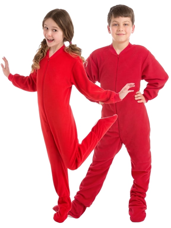 Big Feet Pajama Co. Footed Pajamas Sleepers, Boys & Girls Sleepwear, Red Anti-Pill Fleece, Non-Slip Soles, Sizes 6-16