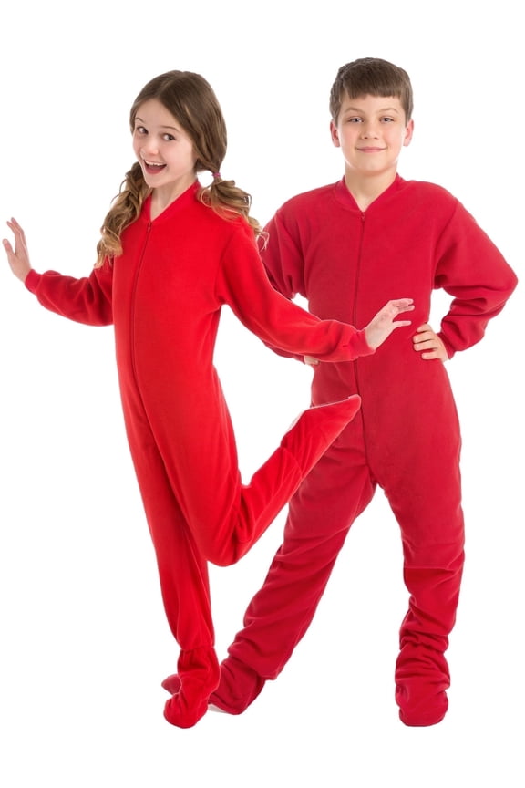 Big Feet Pajama Co. Footed Pajamas Sleepers, Boys & Girls Sleepwear, Red Anti-Pill Fleece, Non-Slip Soles, Sizes 6-16
