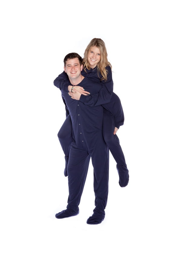 Big Feet PJs Navy Cotton Jersey Adult Sleeper Footed Pajamas w/ Drop Seat