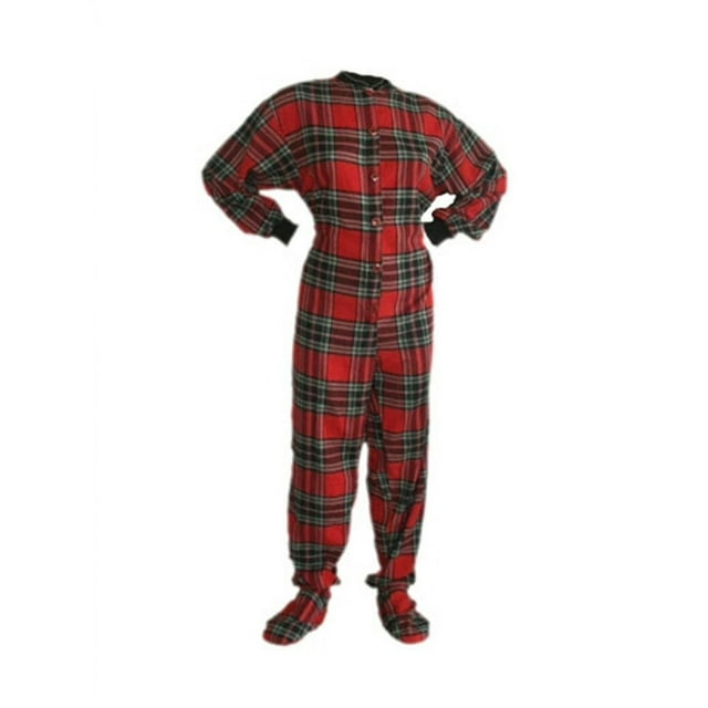 Big Feet Pjs Red And Black Plaid Cotton Flannel Adult Footie Footed Pajamas W Drop Seat 6483