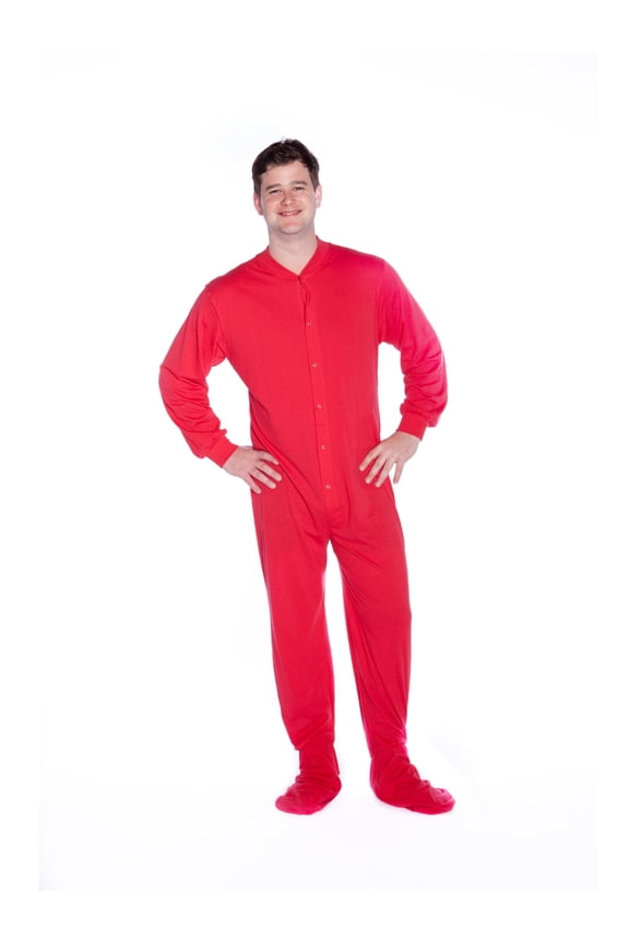 Big Feet PJs Red Cotton Jersey Knit Adult Footed Sleeper Pajamas, Unisex, Snap Front, Non-Skid Soles, Machine Washable, Sizes XS-XXL