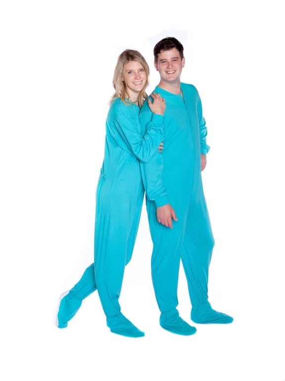 Big Feet PJs Turquoise Jersey Knit Adult Footed Pajamas with Rear Flap, 100% Cotton, Unisex, Non-Skid Soles, Sizes XS-XXL