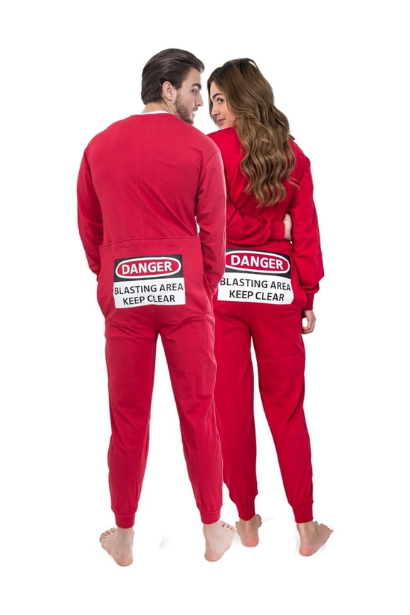 Red Union Suit Sleeper Pajamas – Funny Rear Flap “DANGER BLASTING AREA”, Unisex, 100% Cotton, Snap Closure, Sizes XS-XXL