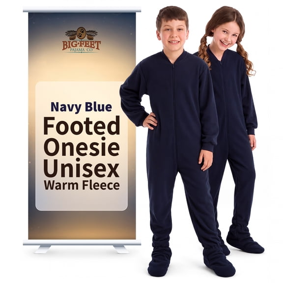 Big Feet Pjs Kids Navy Fleece Footed Pajamas – Ultra Soft, Anti-Pill, Non-Slip Soles, Easy Zipper, Machine Washable Sleepwear for Boys