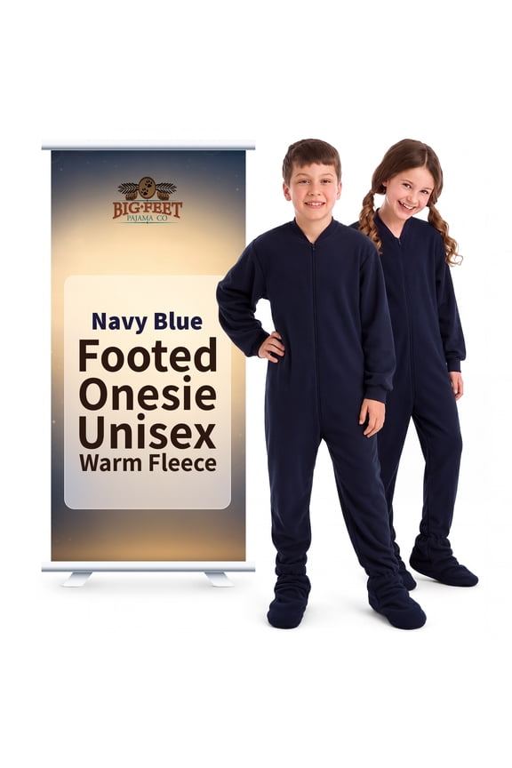 Big Feet Pjs Kids Navy Fleece Footed Pajamas – Ultra Soft, Anti-Pill, Non-Slip Soles, Easy Zipper, Machine Washable Sleepwear for Boys