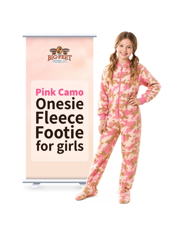 Big Feet PJs Girls Pink Camouflage Micro Fleece Footed Pajamas One-Piece Sleeper Size 14