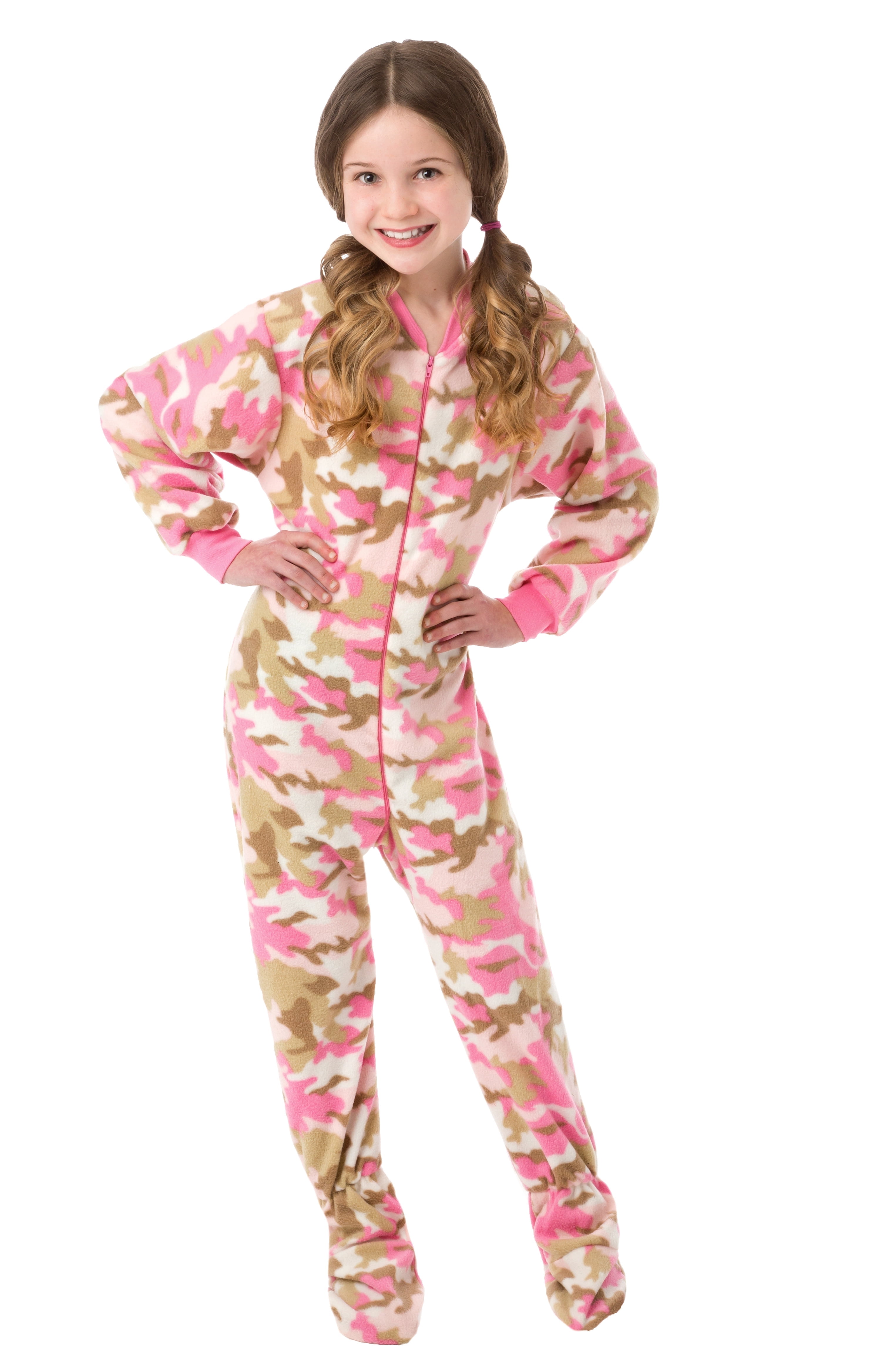 Big Feet PJs Girls Pink Camouflage Micro Fleece Footed Pajamas One-Piece Sleeper Size 8
