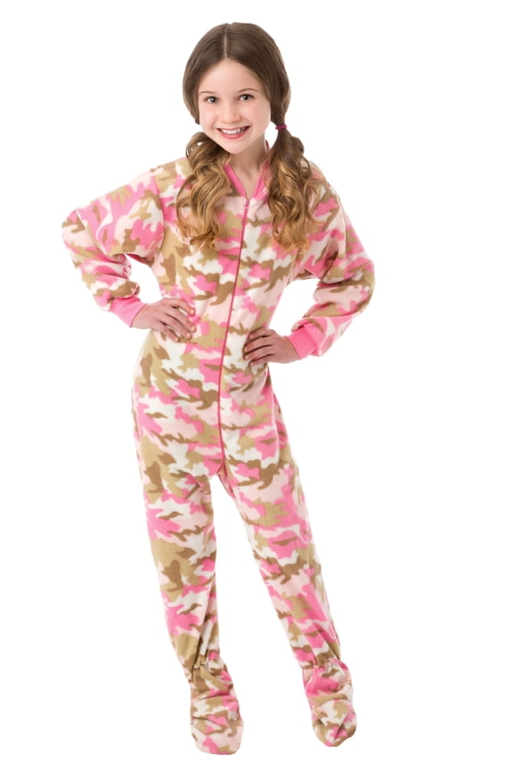 Big Feet PJs Girls Pink Camouflage Micro Fleece Footed Pajamas One-Piece Sleeper Size 12