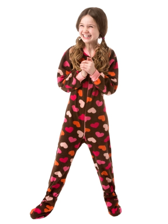 Big Feet PJs Kids Footed One‑Piece Sleeper Pajamas, Chocolate Brown Heart Print, Soft Fleece