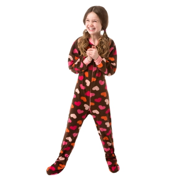 Big Feet PJs Kids Footed One‑Piece Sleeper Pajamas, Chocolate Brown Heart Print, Soft Fleece