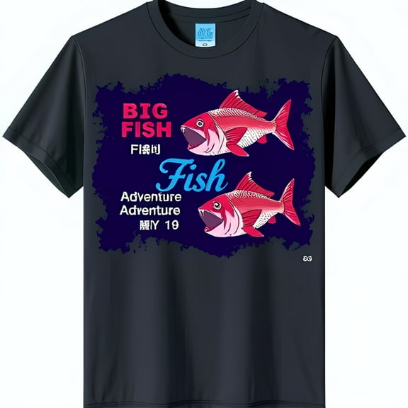 Big Fish Graphic T-Shirt for Men Dark Blue Tee with Red Fish Design & Adventure Text