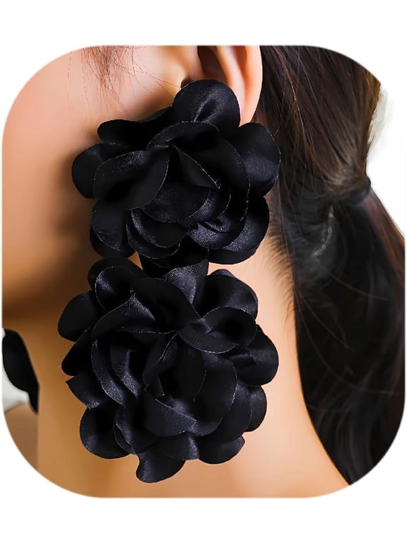Big Flower Drop Earrings for Women Long Fabric Floral Dangle Earrings Bohemian Exaggerated Statement Satin Flower Earrings Hypoallergenic Summer 3D Fashion Jewelry Gifts