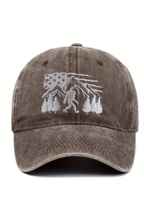 Big Foot Embroidered Washed Baseball Cap Featuring the American Flag for Men and Women