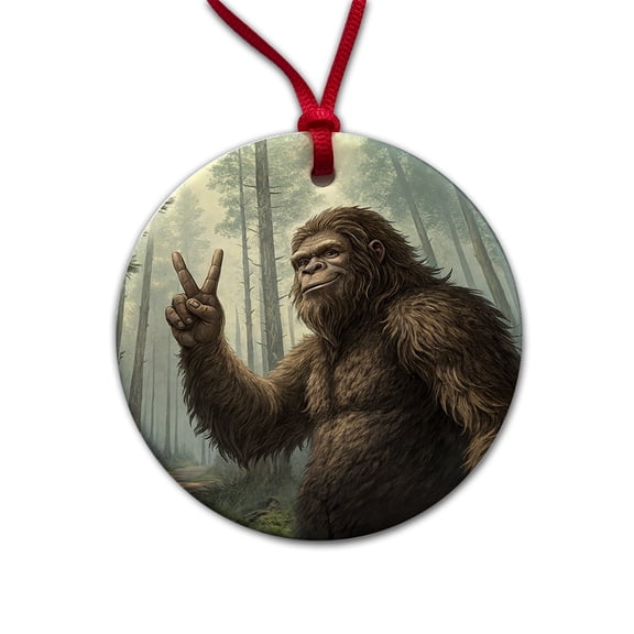 Big Foot Giving The Peace Sign Christmas Tree Holiday Round Ceramic Ornament