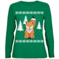 thumbnail image 1 of Big Fox Ugly Christmas Sweater Green Womens Long Sleeve T-Shirt, 1 of 1