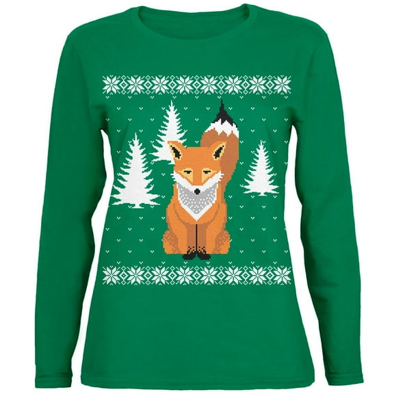 Big Fox Ugly Christmas Sweater Green Womens Long Sleeve T-Shirt