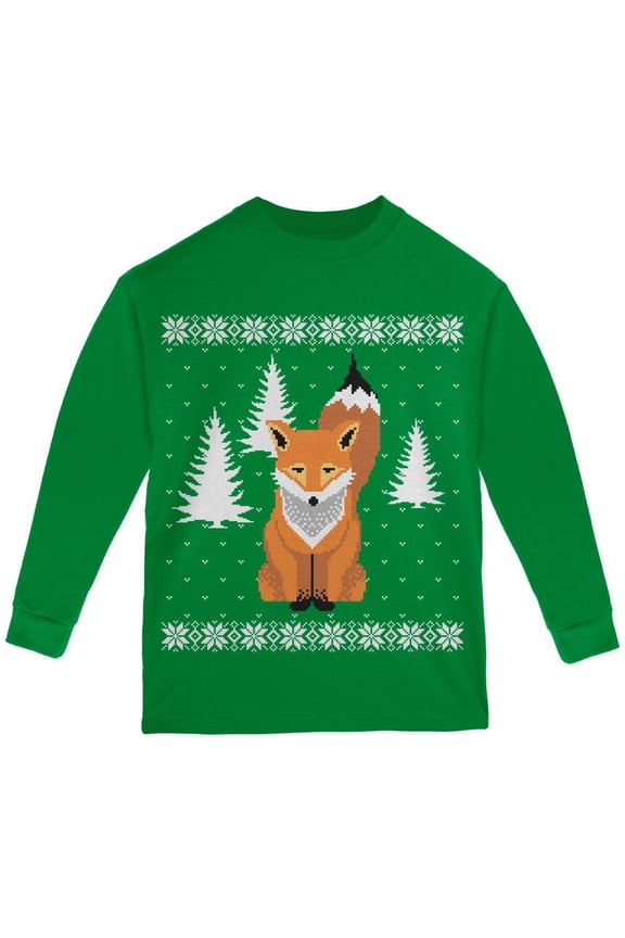 Big Fox Ugly Christmas Sweater Green Youth Long Sleeve T-Shirt