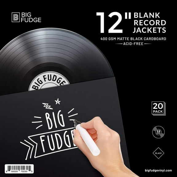 Big Fudge 12-Inch Pro Blank Album Jackets 20 Pack – 350gsm Black Cardboard Record Covers for LP Vinyl Storage & Sleeves