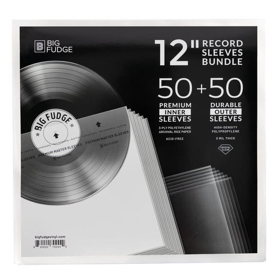 Big Fudge 12-Inch Vinyl Record Sleeves Bundle 100 Pack – 50 Anti-Static Acid-Free Rice Paper Inner Sleeves & 50 High-Density Polypropylene Outer Covers