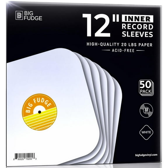 Big Fudge 12" Vinyl Record Inner Sleeves, 50 Pack, Heavyweight Acid-Free Paper with Rounded Corners, Slim Protective Album Covers for LPs & Singles