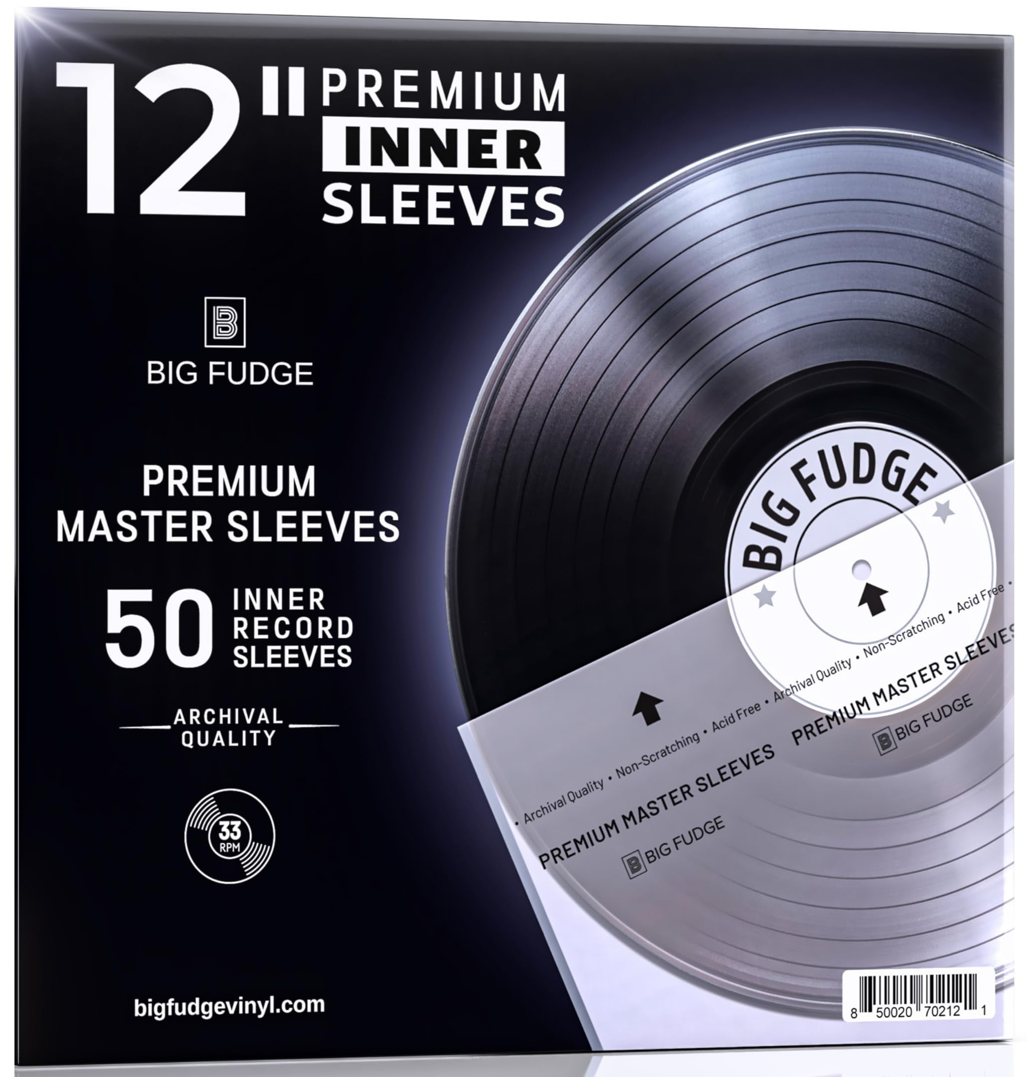 Big Fudge 12-Inch Vinyl Record Inner Sleeves 50 Pack Clear 3-Ply Anti-Static Rice Paper LP Covers, Acid-Free Protection (White)