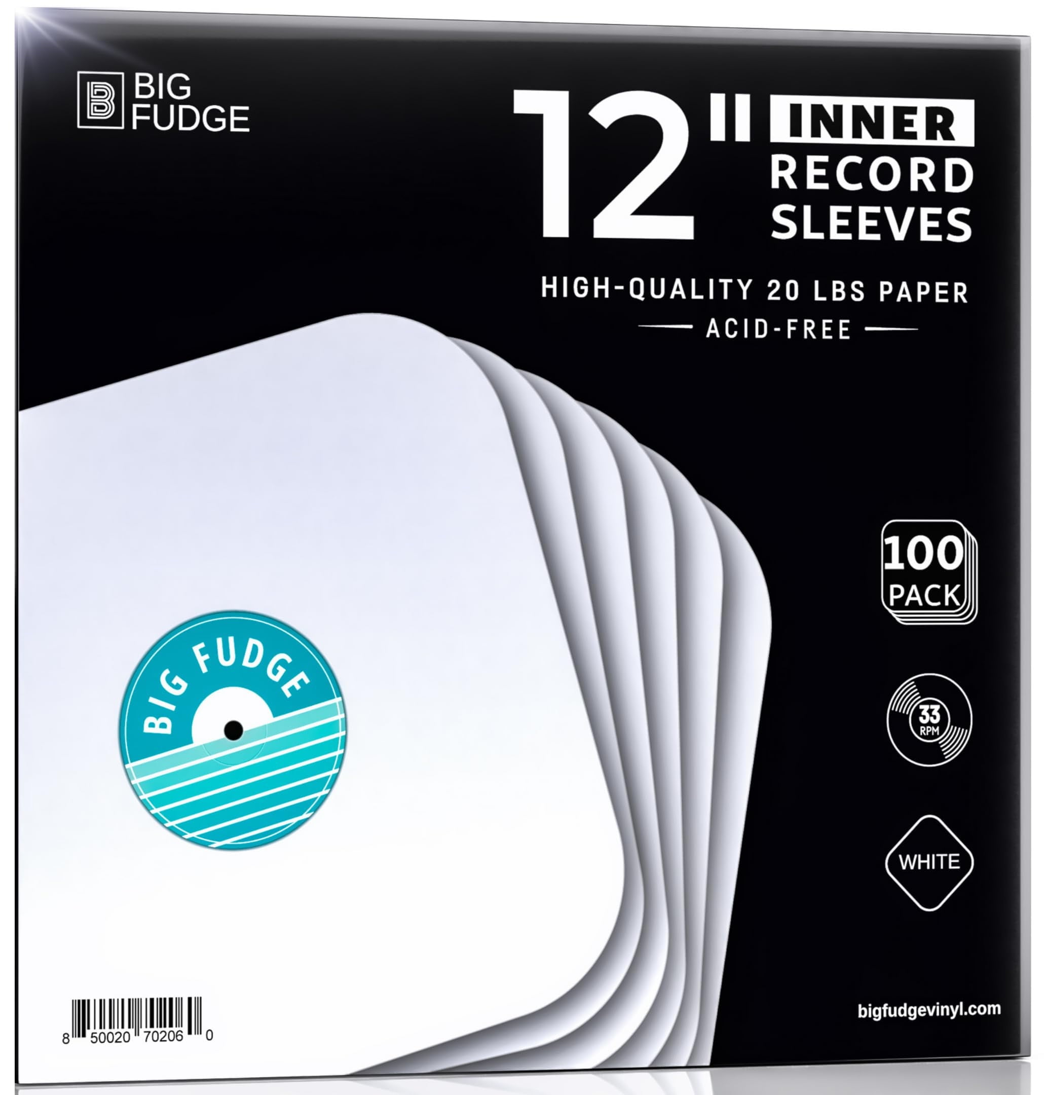 Big Fudge 100-Capacity Vinyl Record Storage Sleeve Set, White, 100 Total Count, 1 Pack