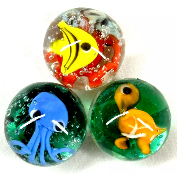 Big Game Toys~3 Aquarius Marbles Tortoise, Octopus, Angle Fish 16mm Handmade Art Glass Home Decor/Vase Filler/Aquarium